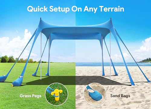 Beach Tent, Camping Sun Shelter UPF50+ with 8 Sandbags, Sand Shovels, Ground Pegs & Stability Poles U732