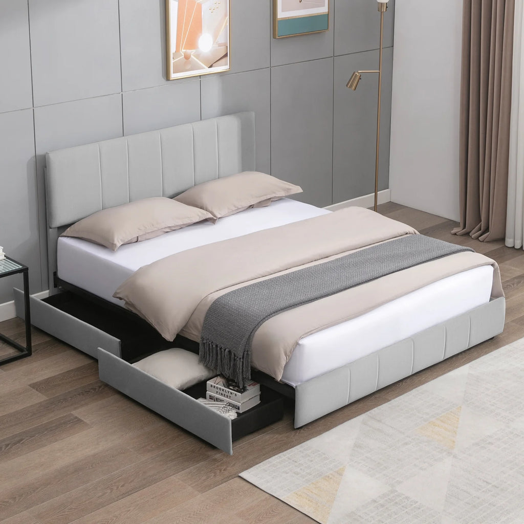 King Size Velvet Upholstered Platform Bed Frame with 4 Storage Drawers E821780