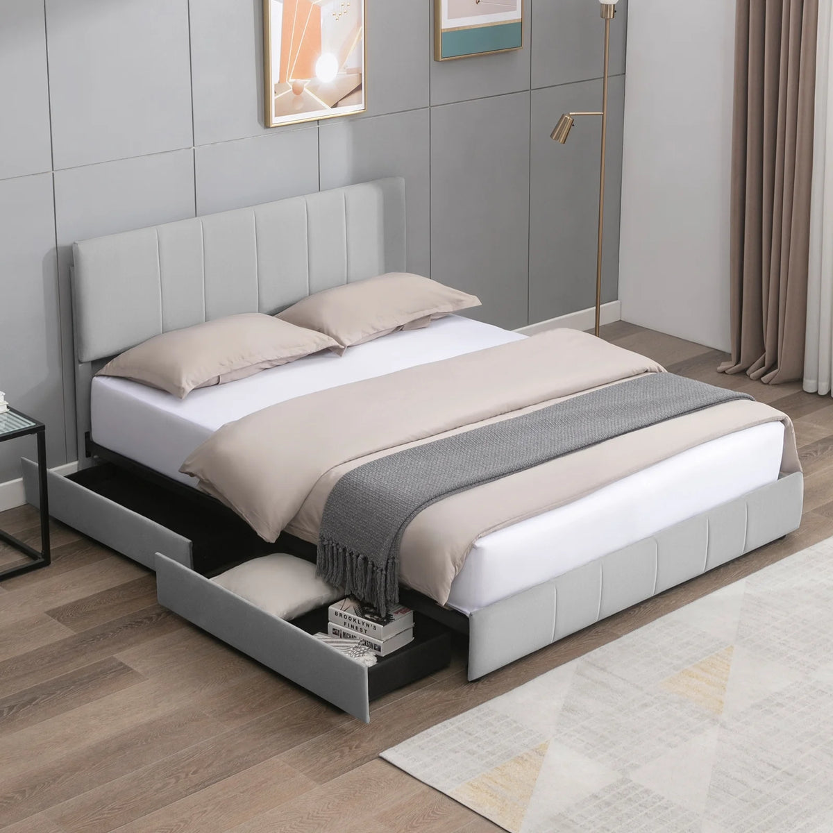 King Size Velvet Upholstered Platform Bed Frame with 4 Storage Drawers E821780
