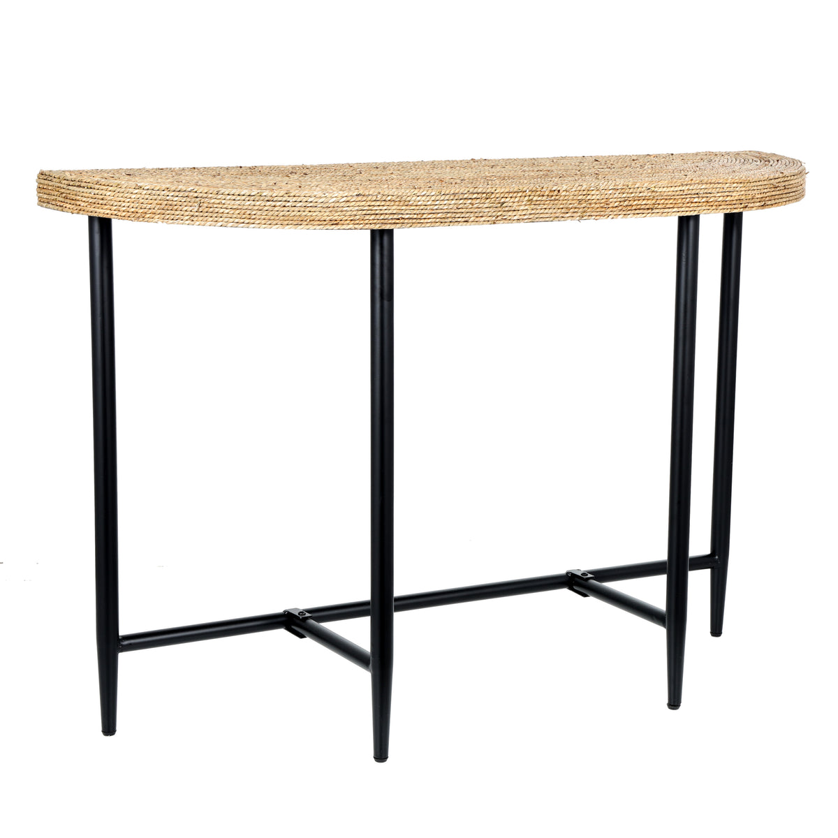 Brown Seagrass Woven Half Moon Console Table with Black Metal Legs I449107