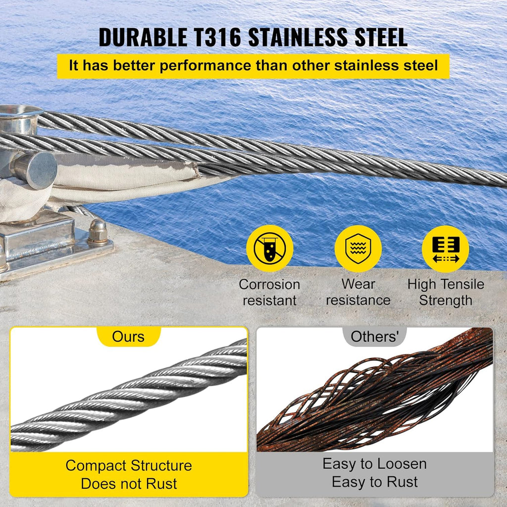 316 Stainless Steel Cable 1000FT Wire Rope 3/16 Inch 1x19 O765632