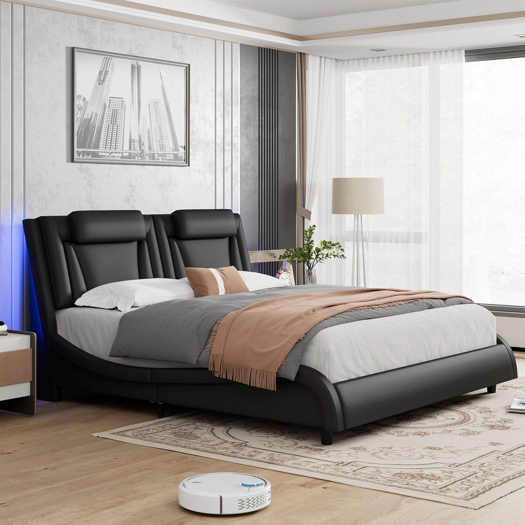 Queen LED PU Leather Upholstered Platform Bed with Adjustable Headboard A64656