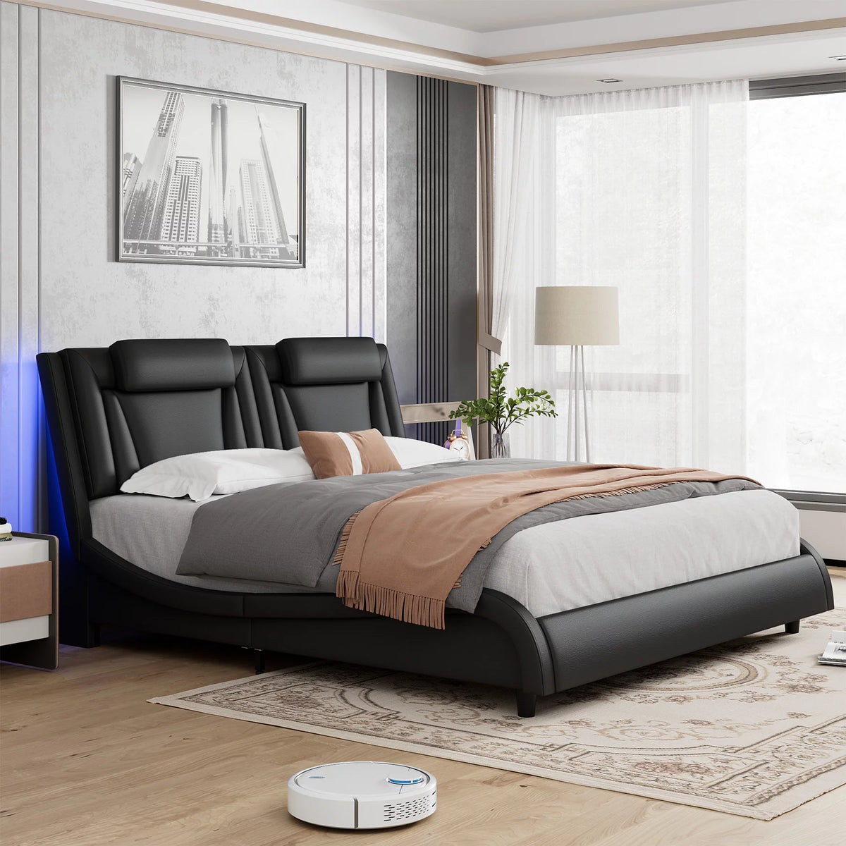 Queen LED PU Leather Upholstered Platform Bed with Adjustable Headboard A64656