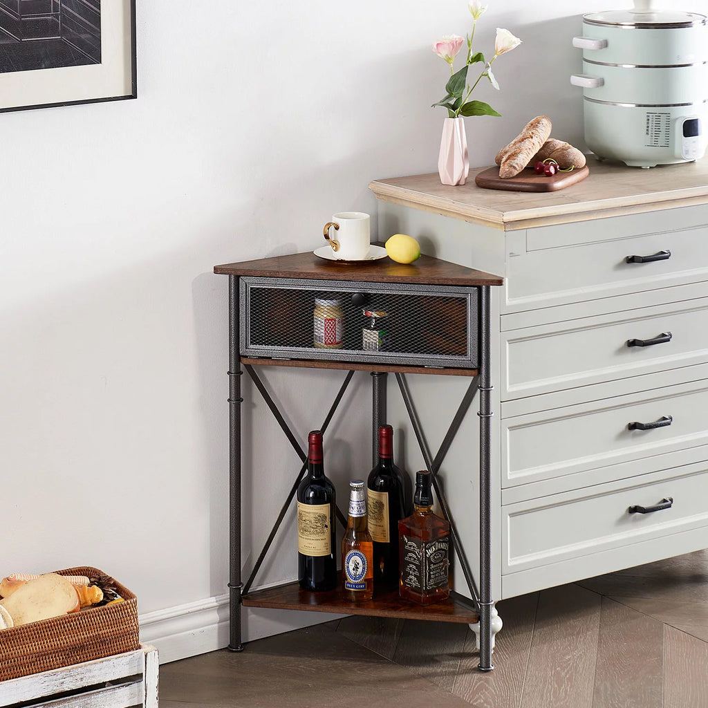 Brown Corner Storage Cabinet with Flip Drawer and Shelf O2769