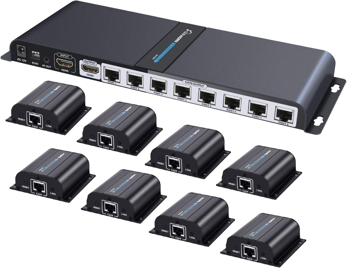 8 Port HDMI Extender Splitter over Cat6/Cat7 Cable with IR Remote Control O823