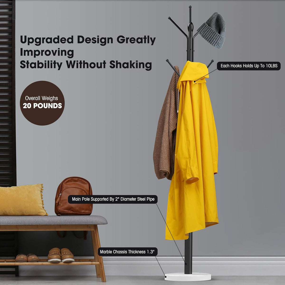 Metal Sturdy Coat Rack with 12 Storages and Natural Marble Base V826