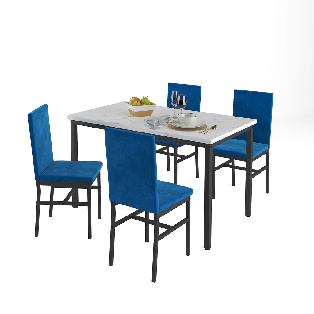 5-Piece Dining Table and Chairs Set with White Marble Top and Blue Velvet Chairs J960