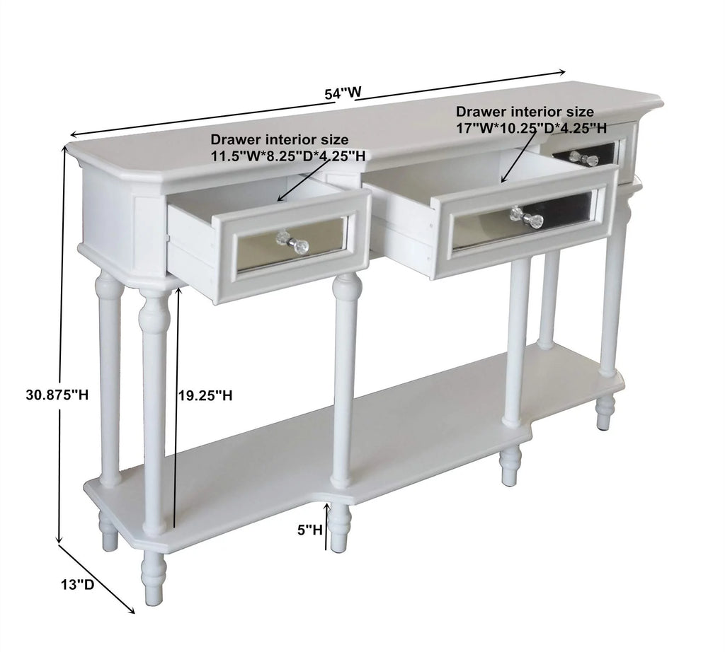 White Console Table with Mirrored Storage Drawers and Lower Shelf T453309