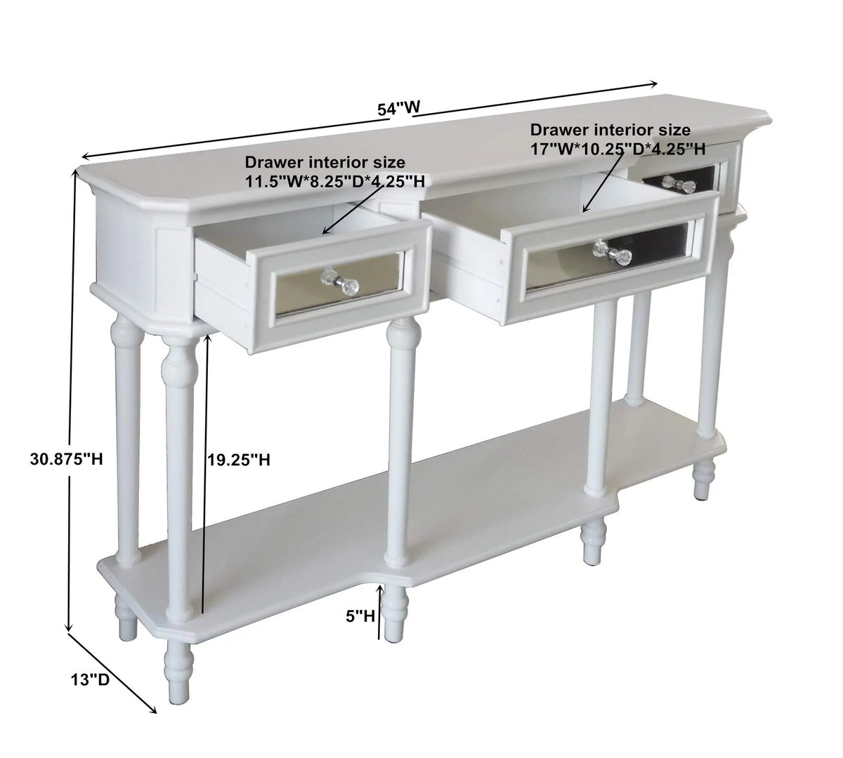 White Console Table with Mirrored Storage Drawers and Lower Shelf T453309