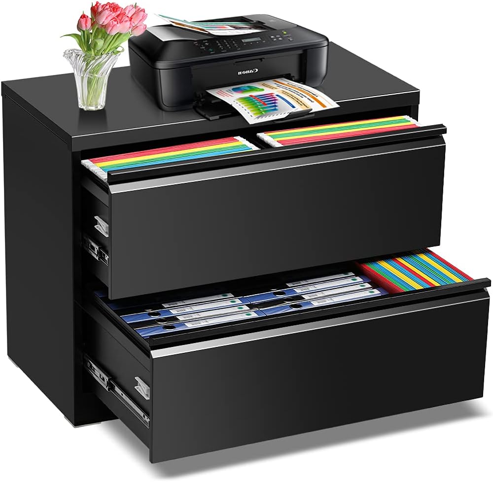 2 Drawer Black Metal Lateral File Cabinet with Lock I366976