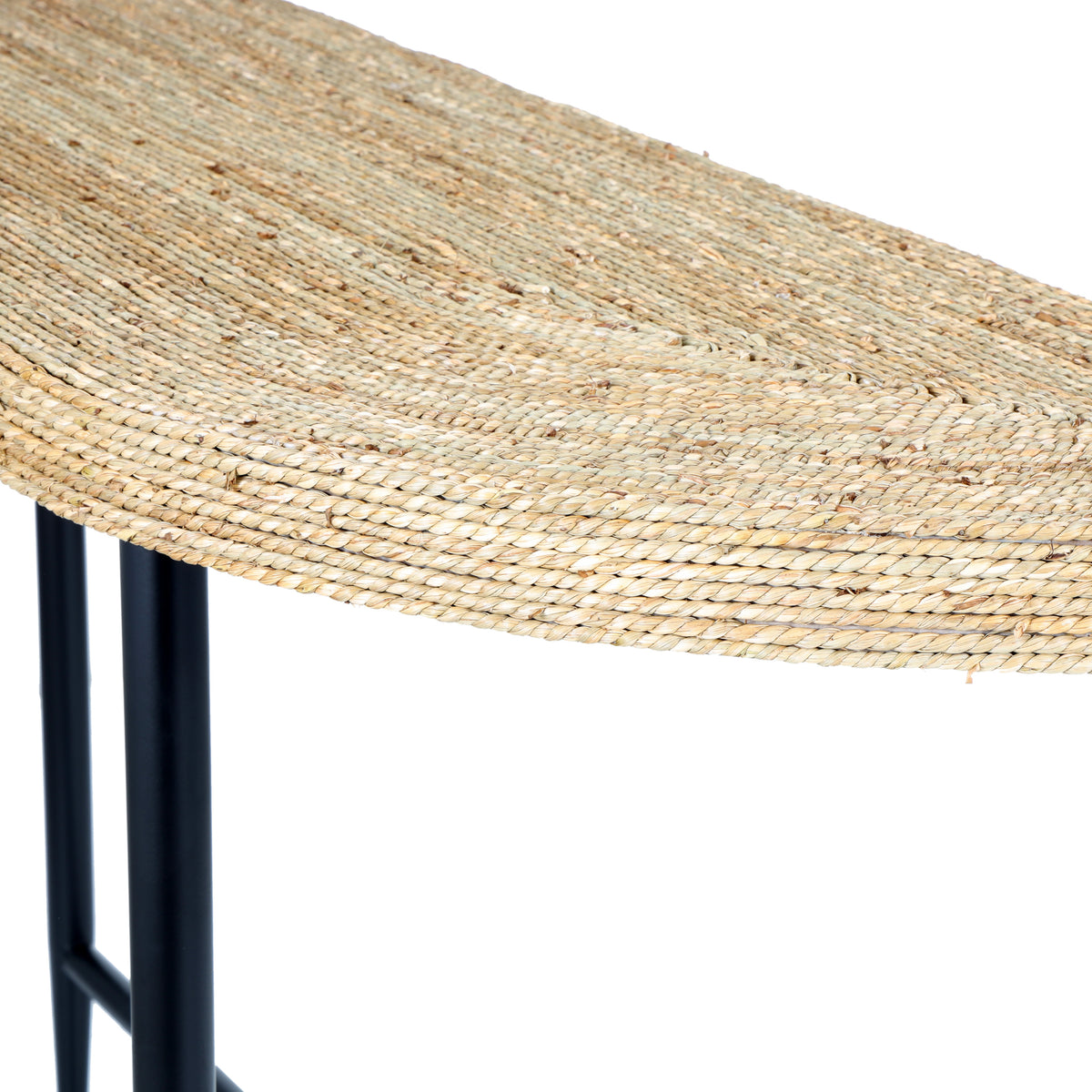 Brown Seagrass Woven Half Moon Console Table with Black Metal Legs I449107
