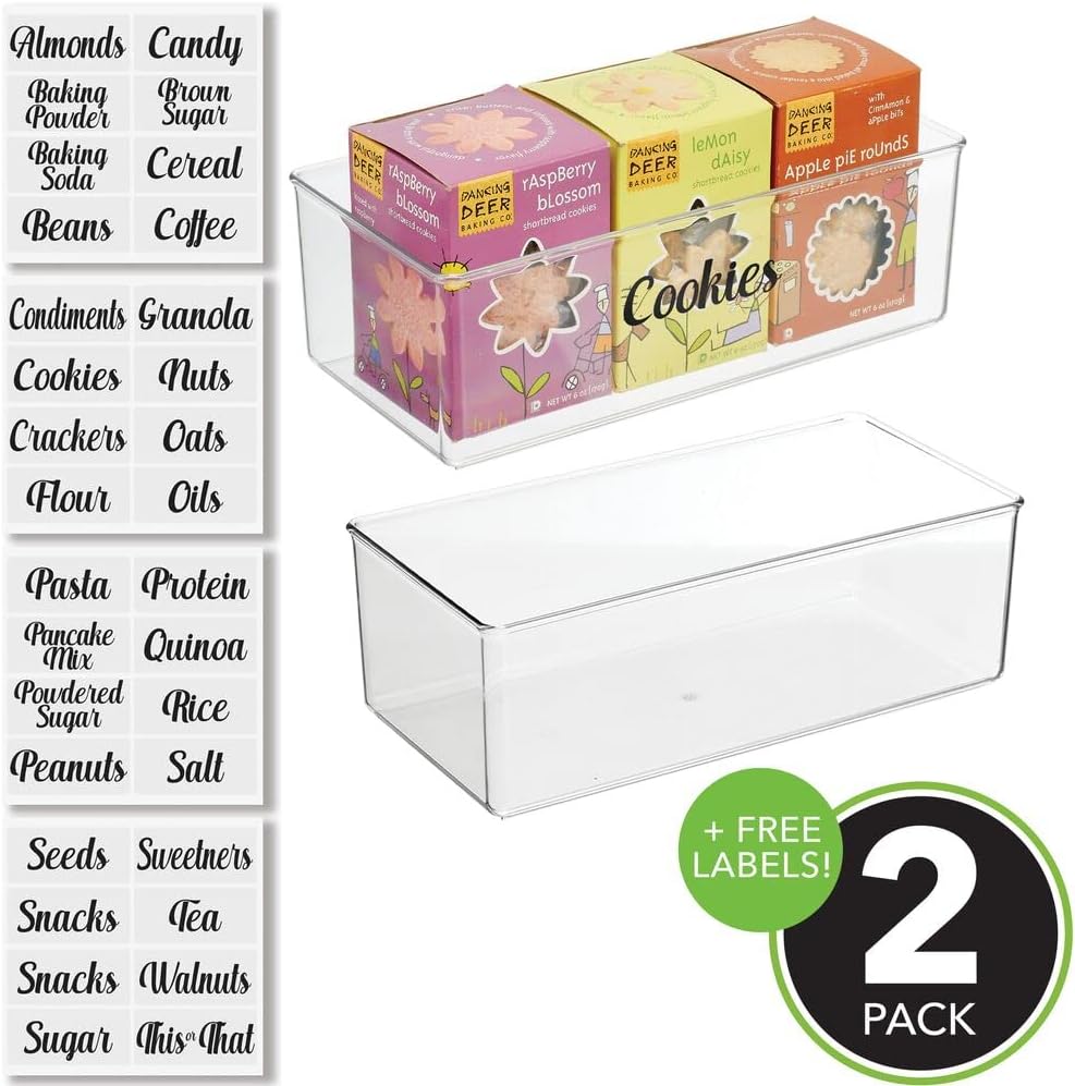 Deep Plastic Kitchen Storage Organizer Container Bin with 32 Pantry Identification Labels & Handles, 12 Long, Set of 2 Bins, Clear Q5455
