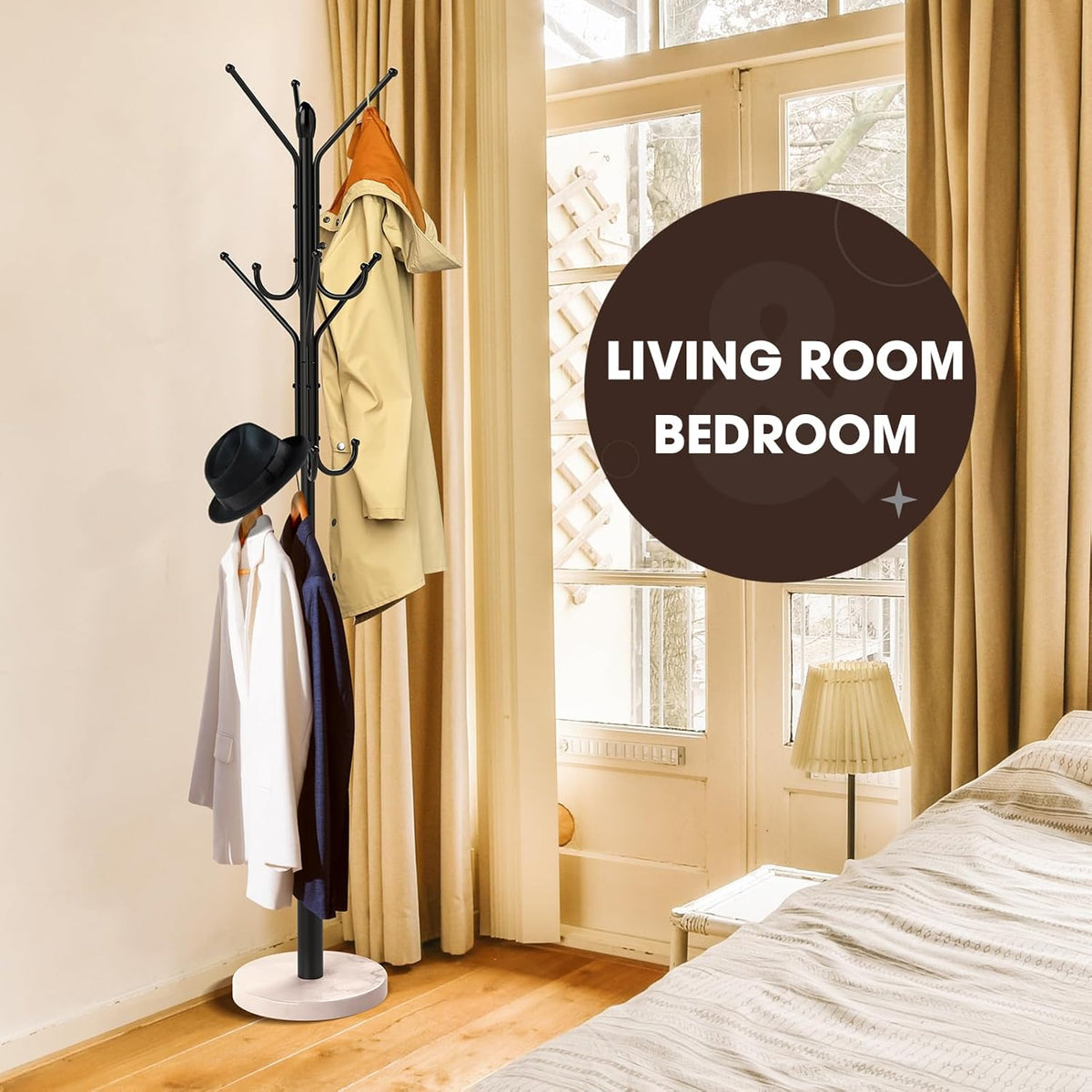 Metal Sturdy Coat Rack with 12 Storages and Natural Marble Base V826