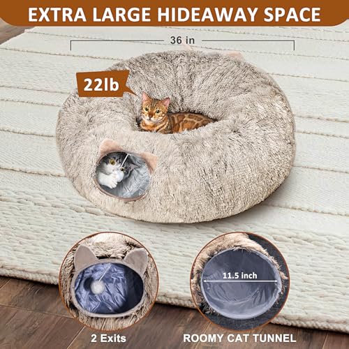 Cat Tunnel with Cat Bed Soft Plush Cat Cave Donut Tunnel Grey I977947