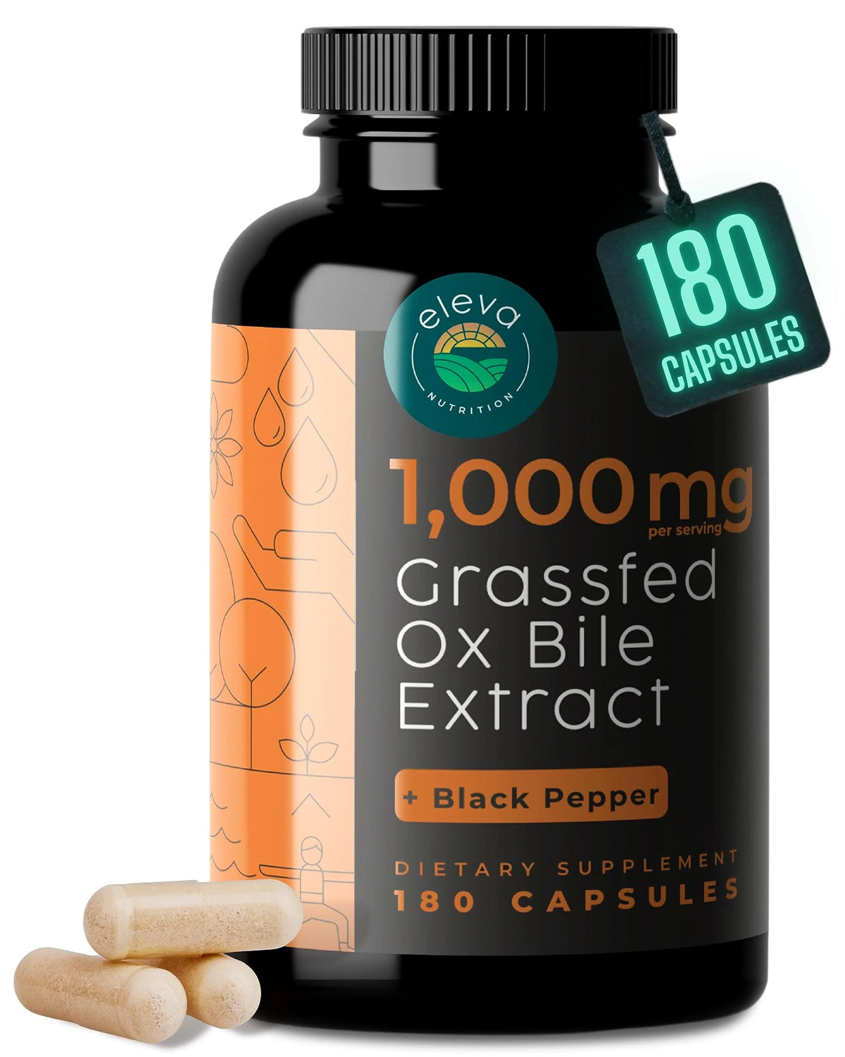 Ox Bile Extract 1000mg Bile Salts Supplements with Black Pepper 180 Count V516441