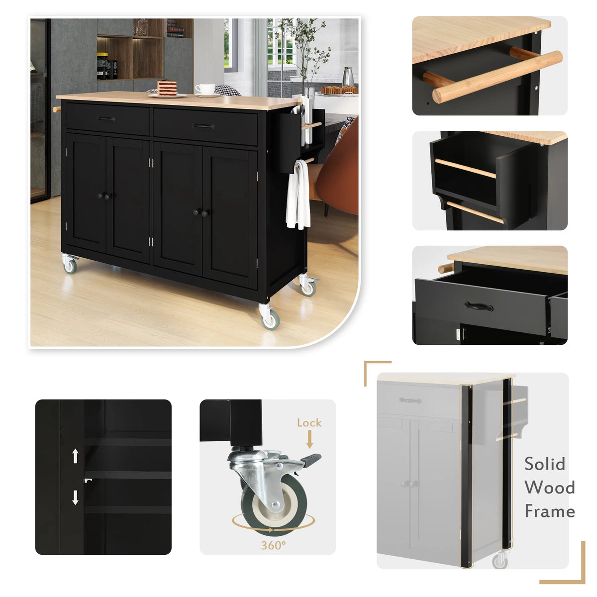 Black Kitchen Island Cart with 4-Door Cabinets and 2 Drawers P8656