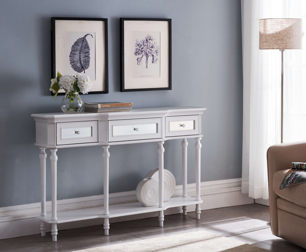 White Console Table with Mirrored Storage Drawers and Lower Shelf T453309