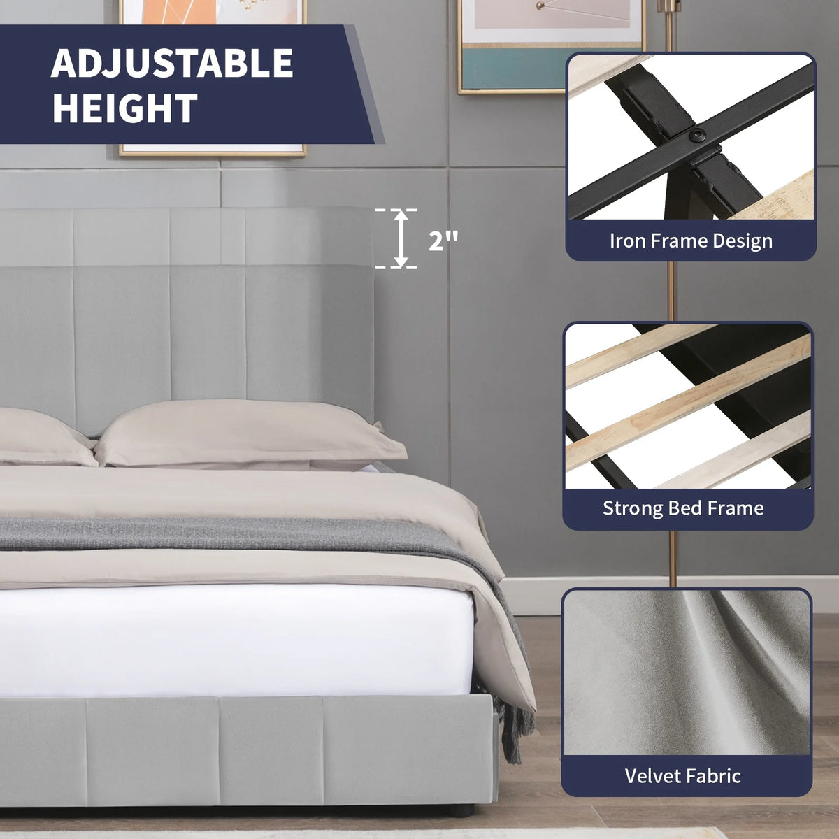 King Size Velvet Upholstered Platform Bed Frame with 4 Storage Drawers E821780