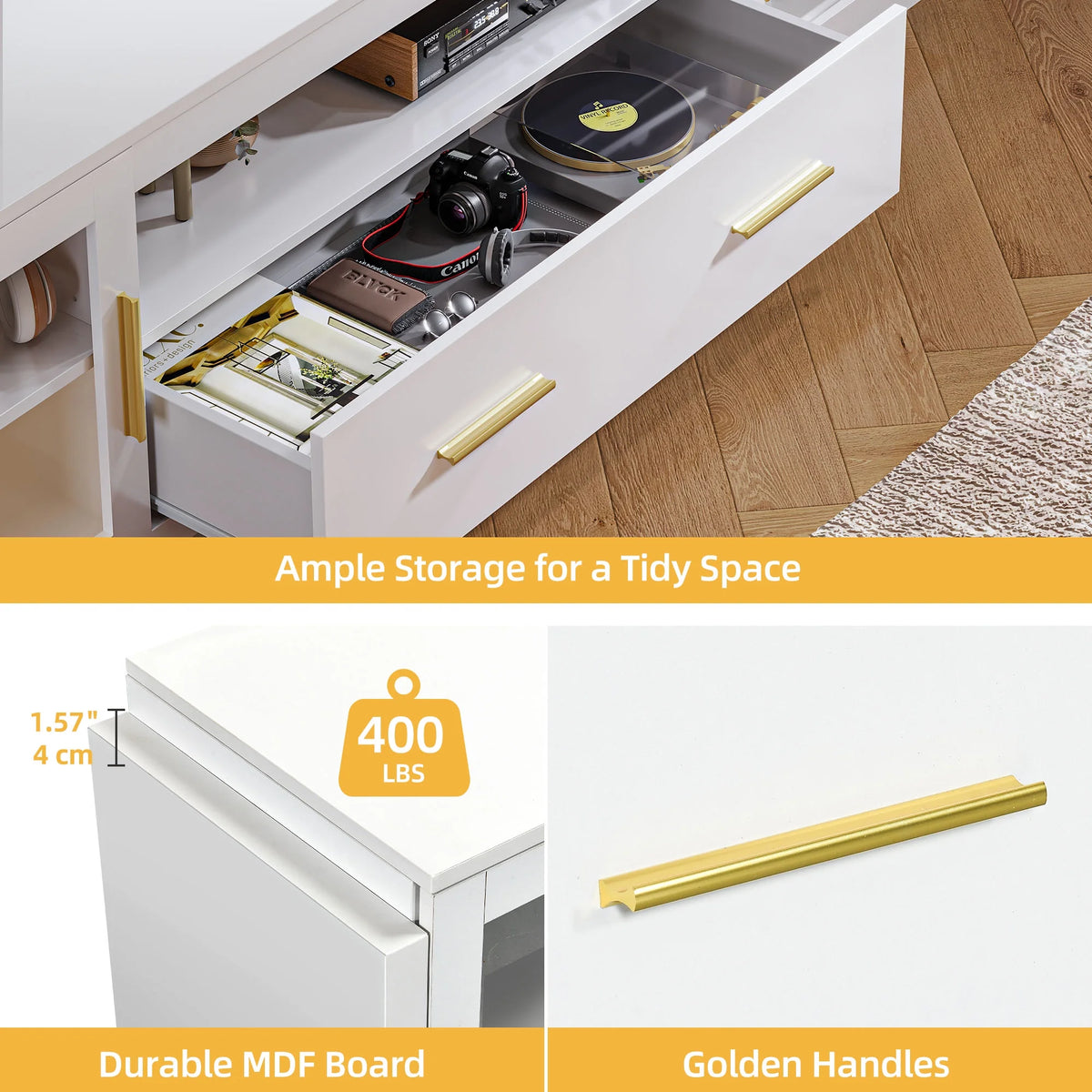 70" LED TV Stand with Power Outlets White & Gold X79089