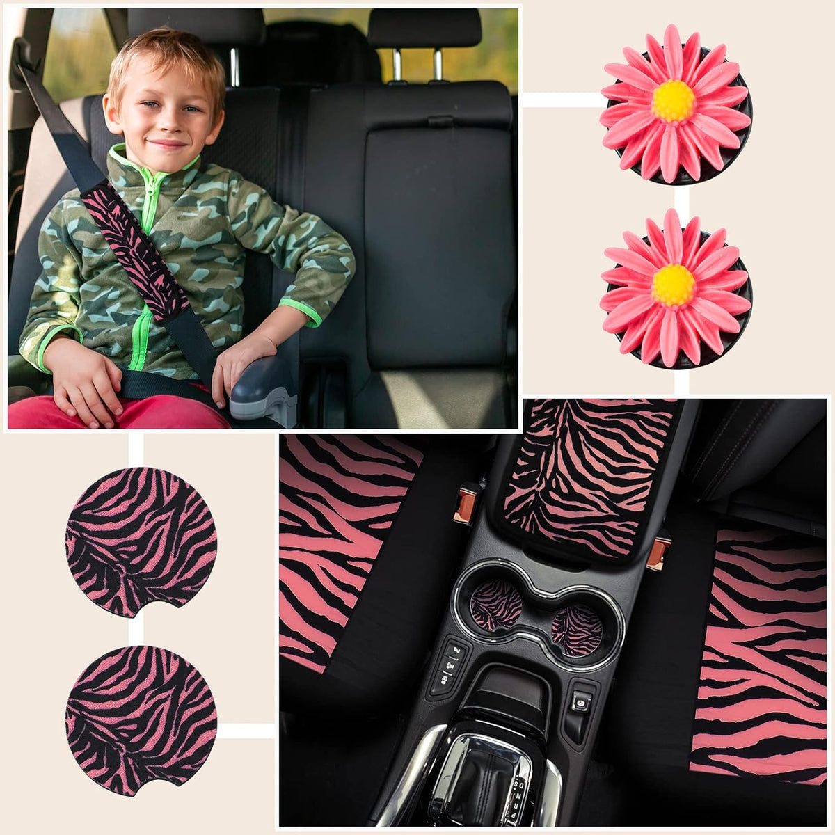 20 Pieces Hot Pink Zebra Print Car Accessories Set C5704