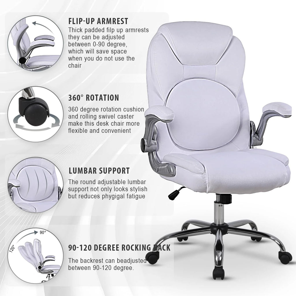 Velvet Ergonomic Office Chair with Wheels and Flip-up Arms, White U9639