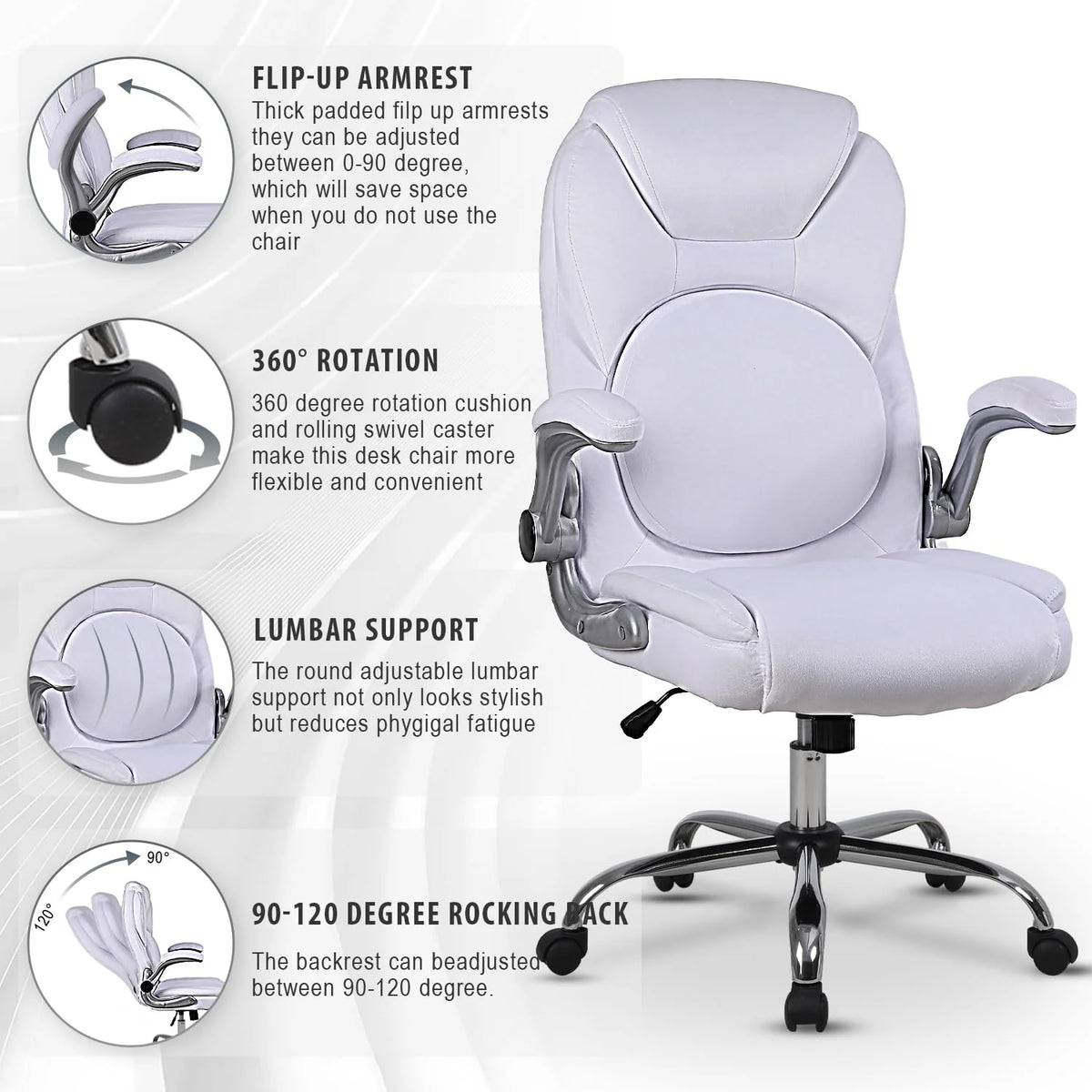 Velvet Ergonomic Office Chair with Wheels and Flip-up Arms, White U9639