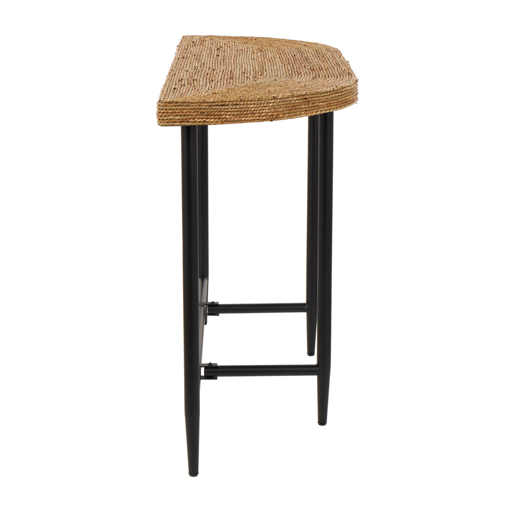 Brown Seagrass Woven Half Moon Console Table with Black Metal Legs I449107