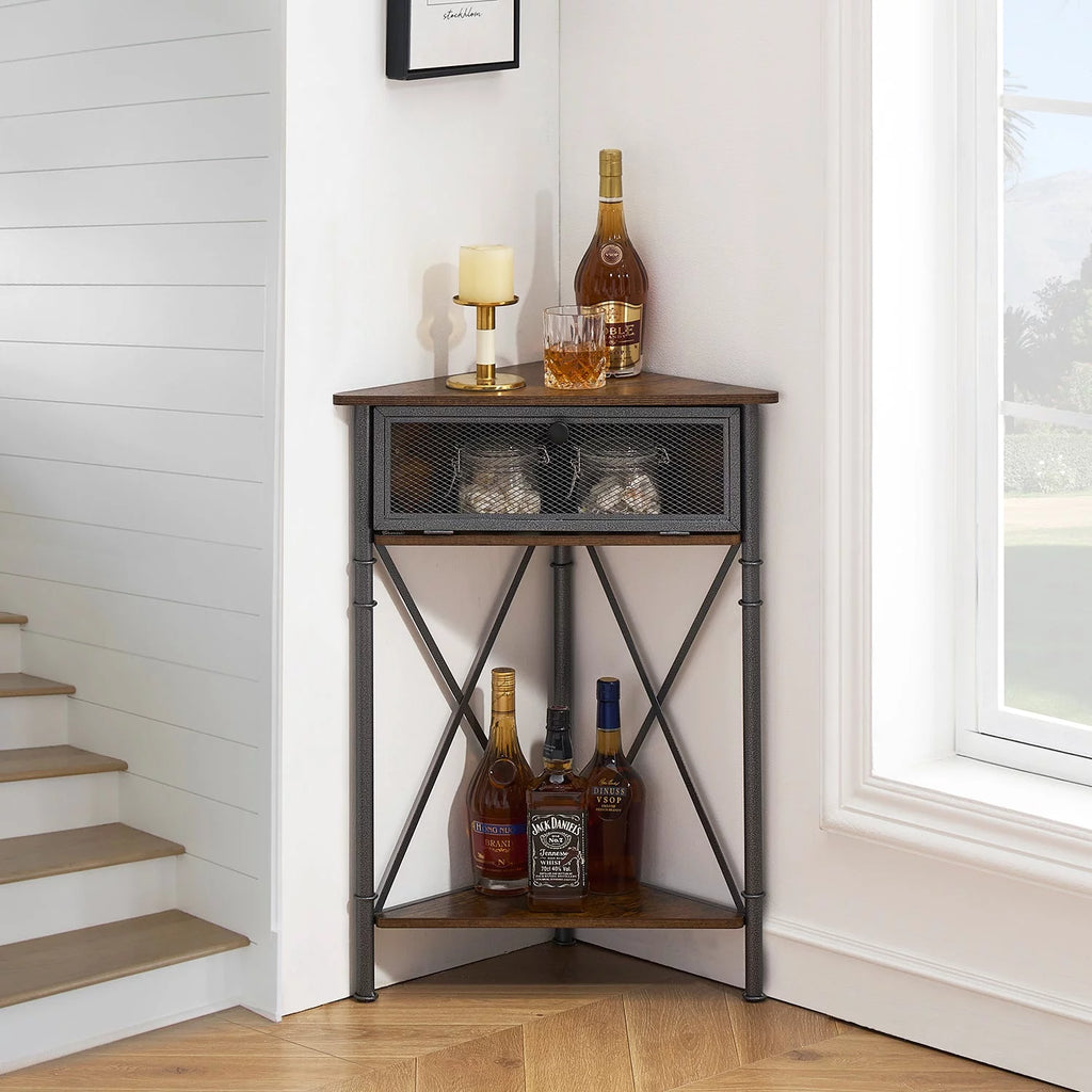 Brown Corner Storage Cabinet with Flip Drawer and Shelf O2769