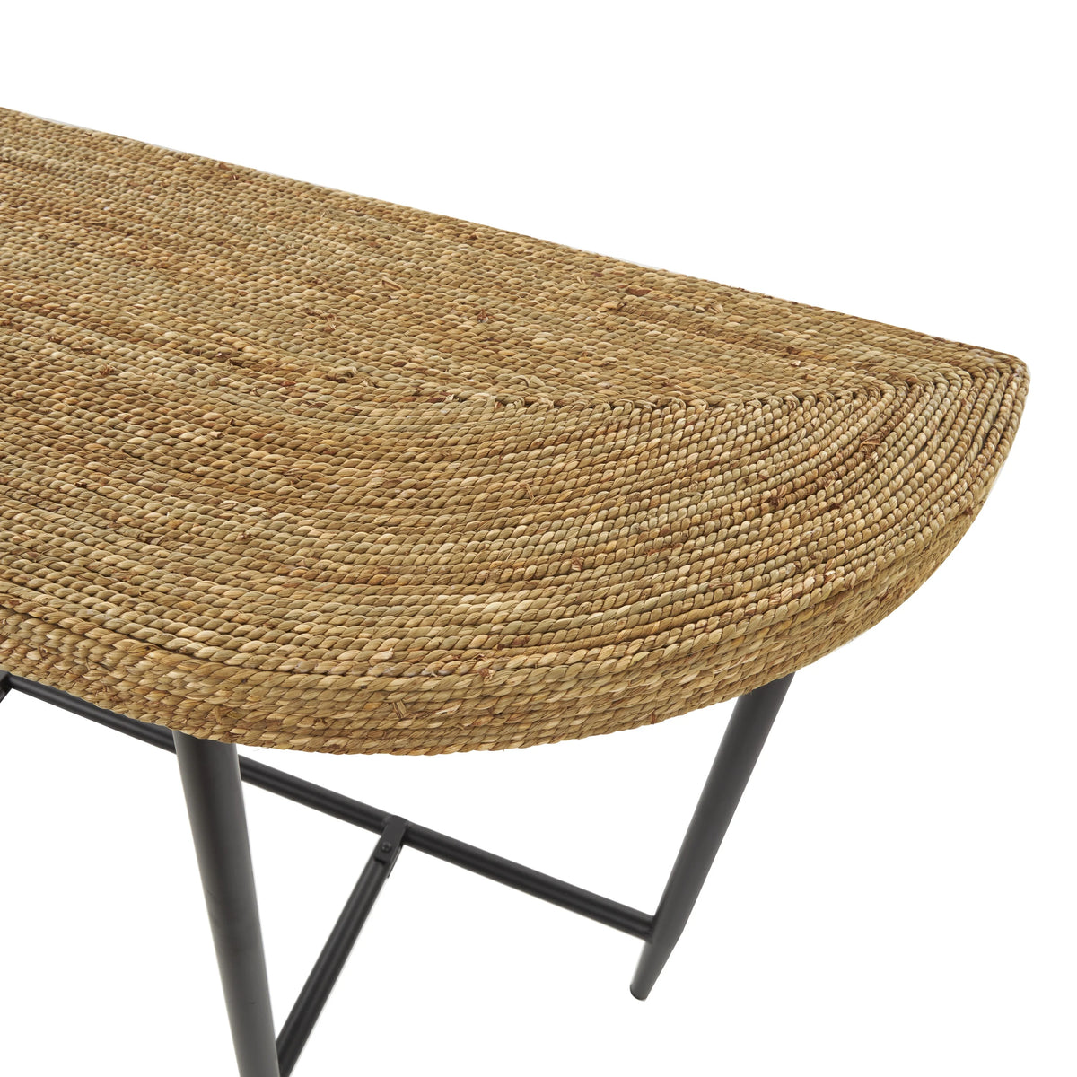 Brown Seagrass Woven Half Moon Console Table with Black Metal Legs I449107