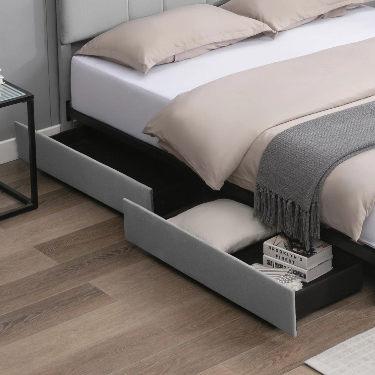 King Size Velvet Upholstered Platform Bed Frame with 4 Storage Drawers E821780