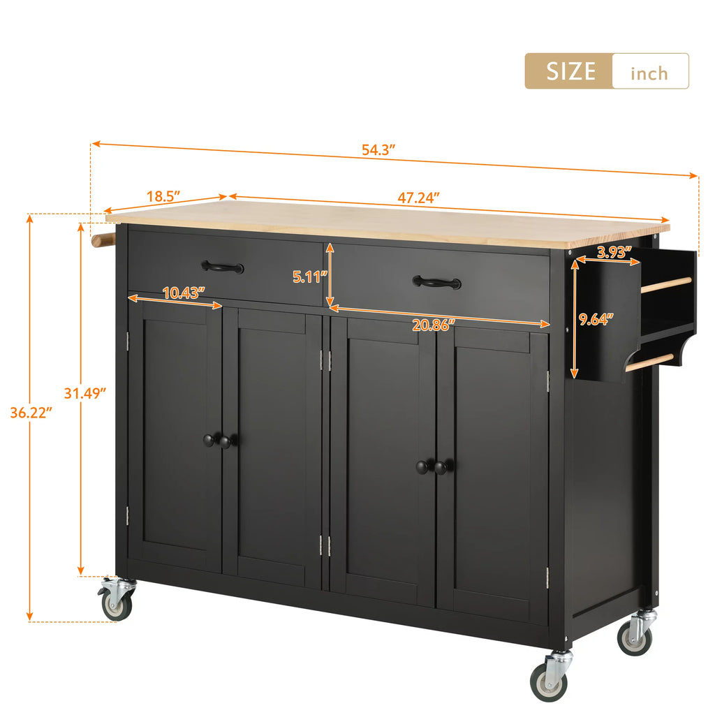 Black Kitchen Island Cart with 4-Door Cabinets and 2 Drawers P8656
