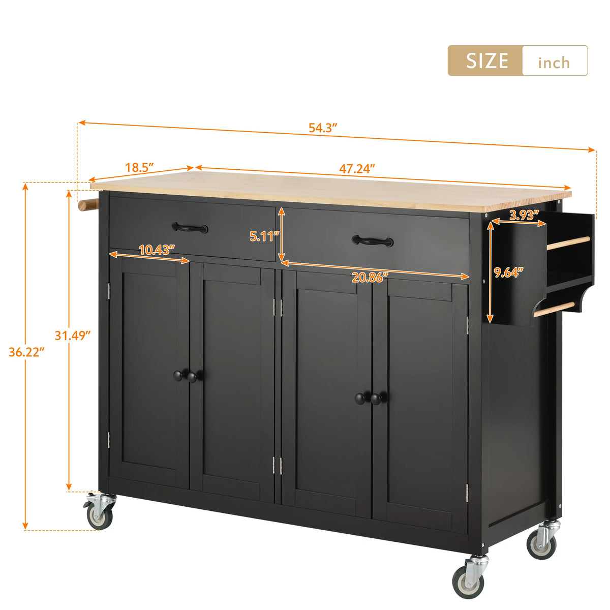 Black Kitchen Island Cart with 4-Door Cabinets and 2 Drawers P8656