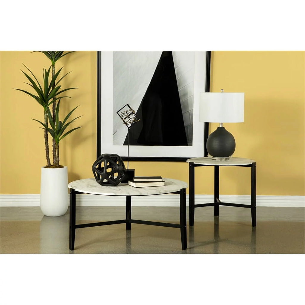 Round Faux White Marble and Black Coffee Table G91740
