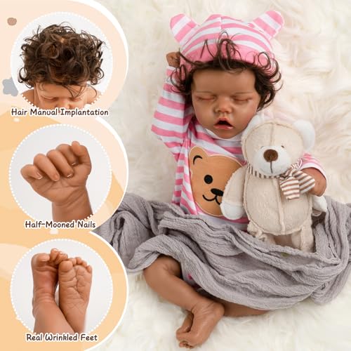 Realistic Reborn Baby Dolls, Silicone Soft Body Black Lifelike Reborn Babies with Feeding Kit & Gift Box F391