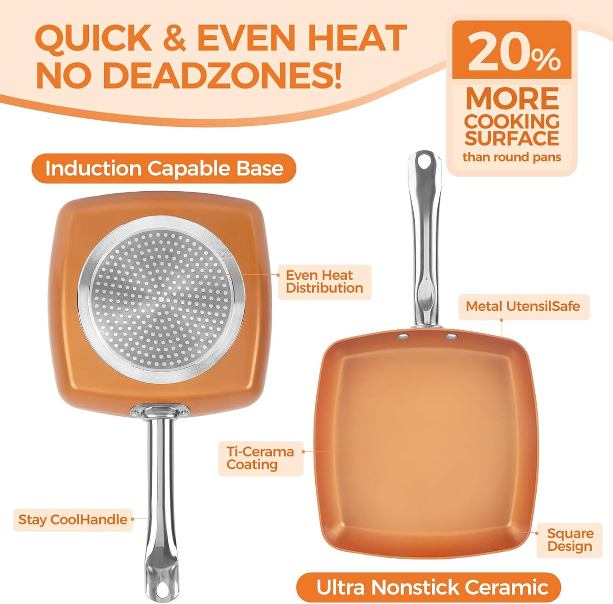9.5" Non-Stick Copper Square Frying Pan with Ceramic Coating R35564