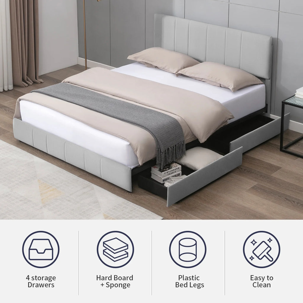 King Size Velvet Upholstered Platform Bed Frame with 4 Storage Drawers E821780