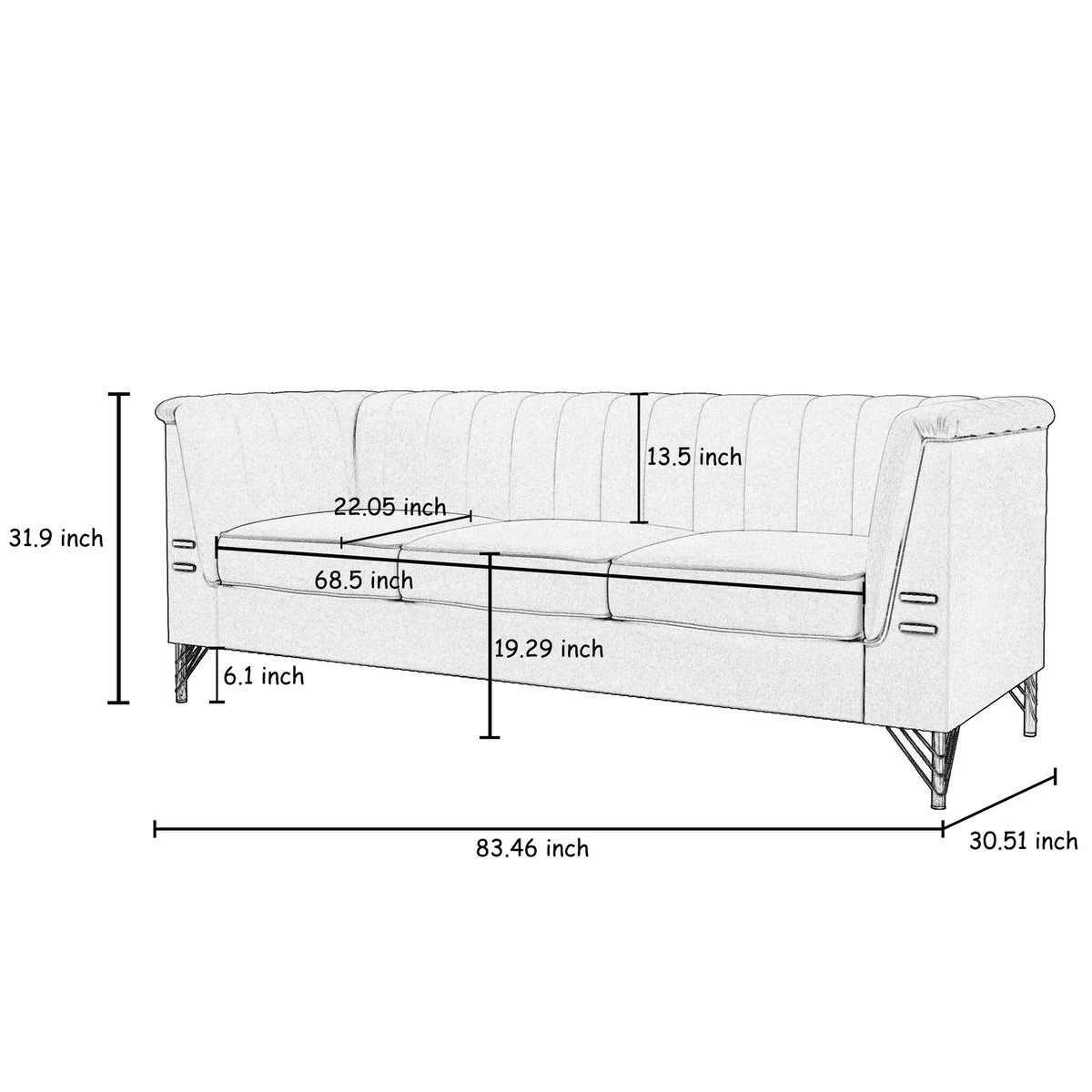 Green Velvet 3-Seater Sofa with Metal Legs T85065