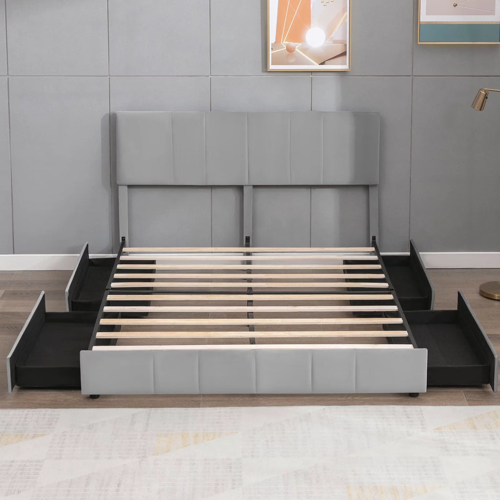 King Size Velvet Upholstered Platform Bed Frame with 4 Storage Drawers E821780