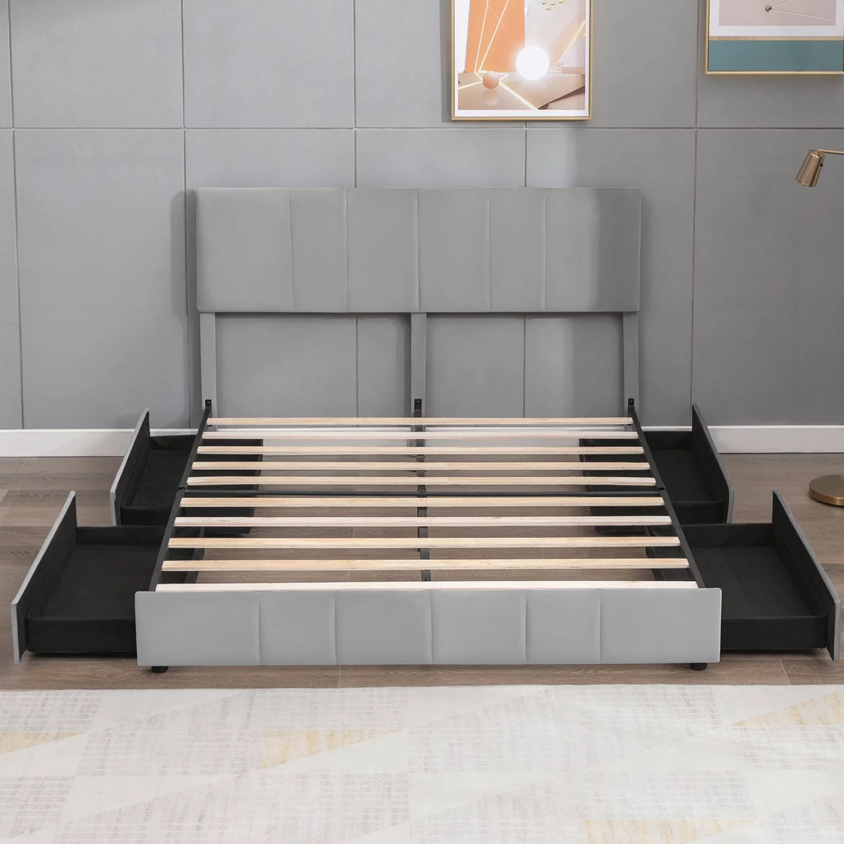 King Size Velvet Upholstered Platform Bed Frame with 4 Storage Drawers E821780