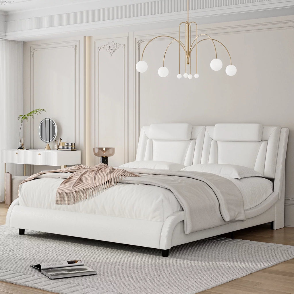 Queen LED PU Leather Upholstered Platform Bed with Adjustable Headboard A64656