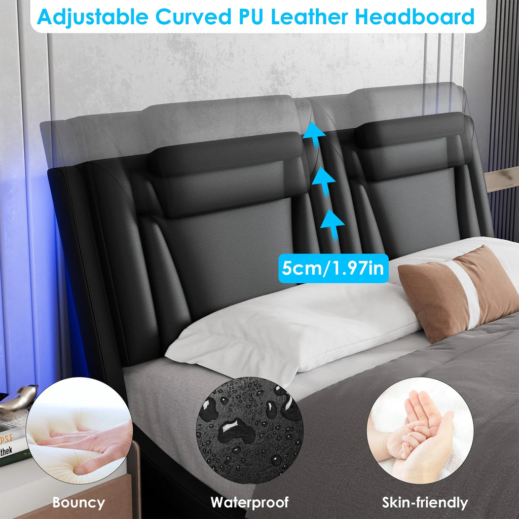 Queen LED PU Leather Upholstered Platform Bed with Adjustable Headboard A64656