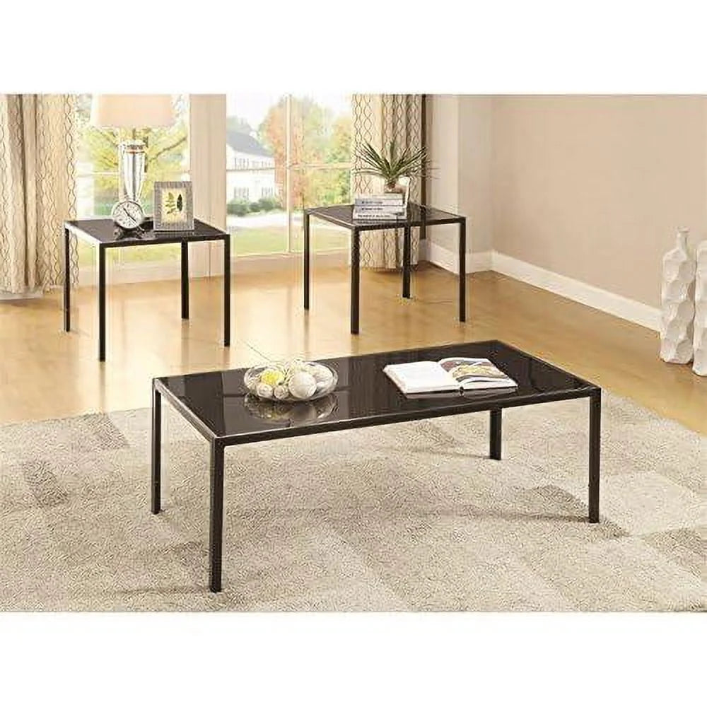 Black 3 Piece Glass Top Coffee Table Set U131