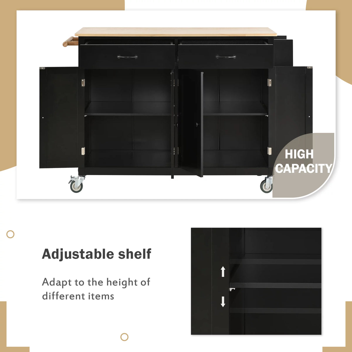Black Kitchen Island Cart with 4-Door Cabinets and 2 Drawers P8656