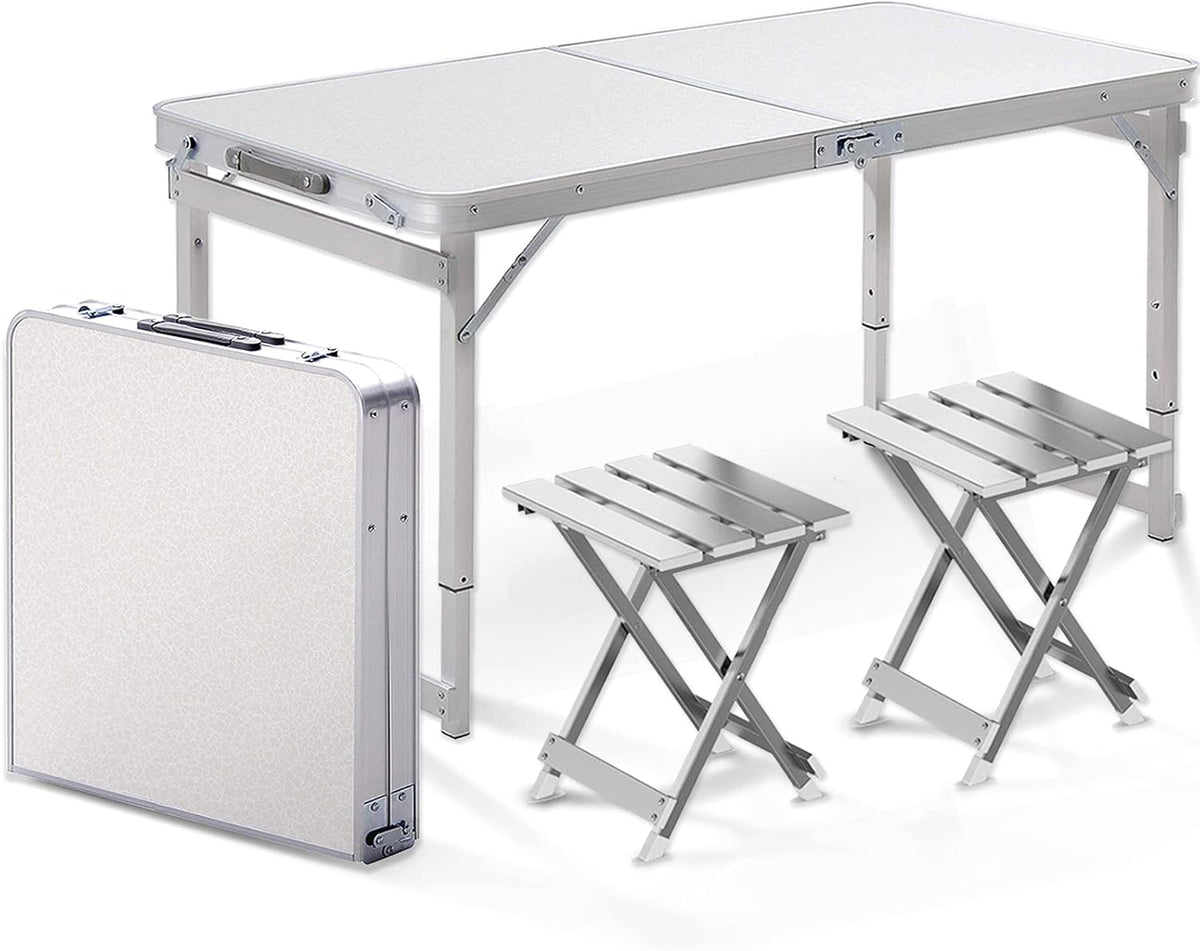 White 4 Foot Adjustable Height Folding Aluminum Camping Table with Stools O8852