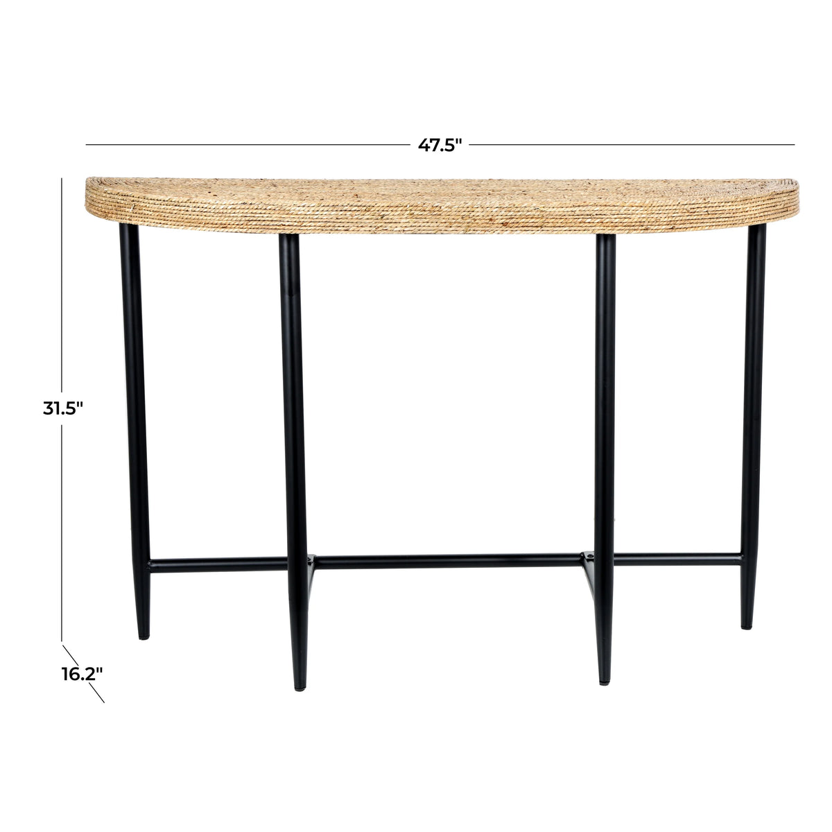 Brown Seagrass Woven Half Moon Console Table with Black Metal Legs I449107
