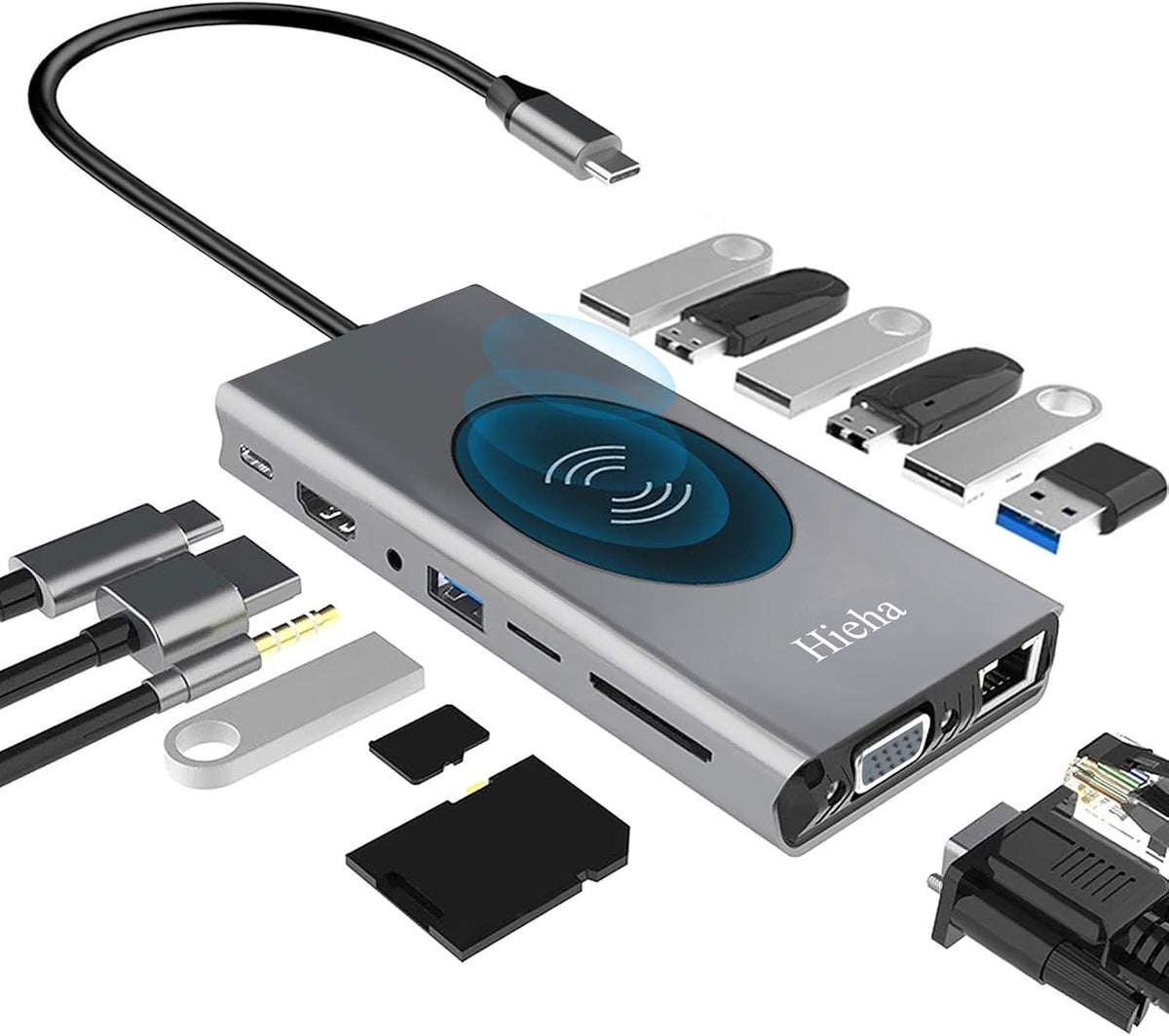 USB C Hub 15-in-1 Docking Station with 4K HDMI, Ethernet, Wireless Charger, 100W PD, SD/TF Card Reader D720503