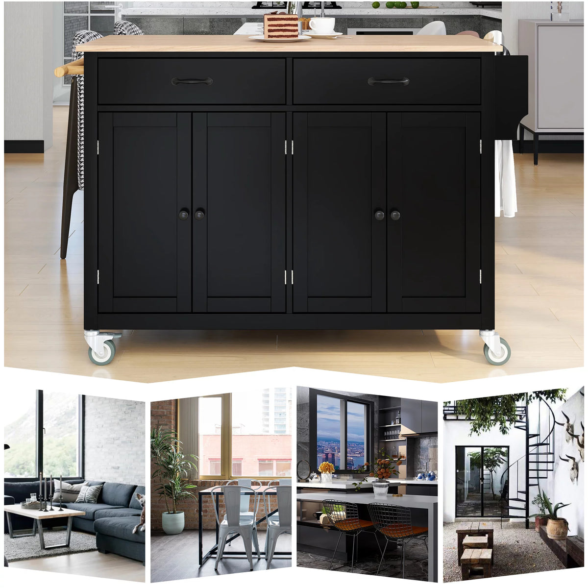 Black Kitchen Island Cart with 4-Door Cabinets and 2 Drawers P8656