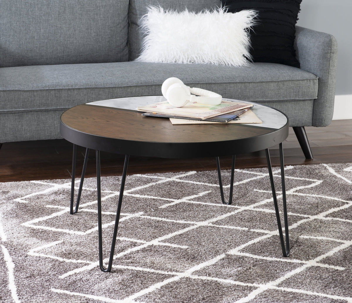 Round Mid-Century Coffee Table with Hairpin Legs, Walnut D16842