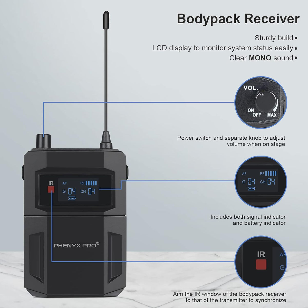 UHF Dual Wireless in-Ear Monitor System with Metal Transmitter and Bodypack Receiver R16894