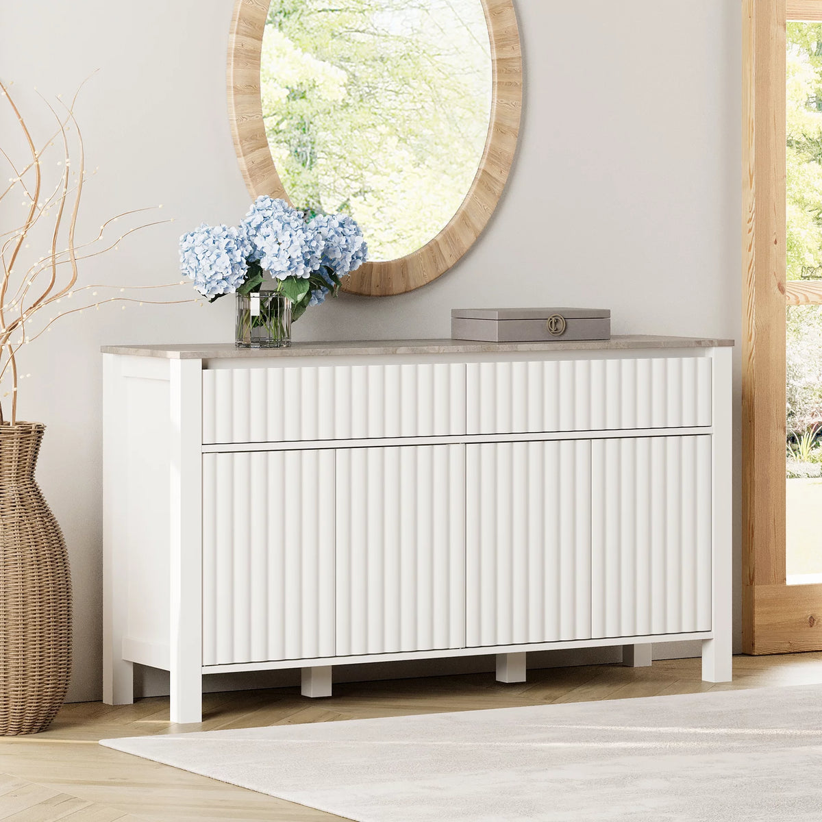 White Dresser with Fluted Doors and Solid Wood Legs O448